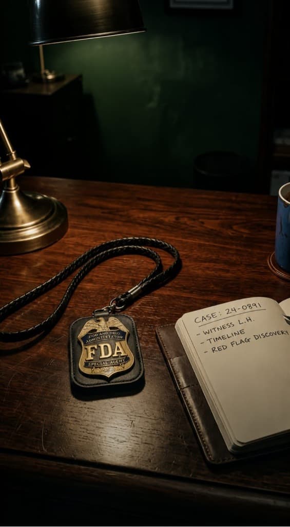 An FDA badge and notebook on a mahogany desk, symbolizing the transition from regulator to consultant